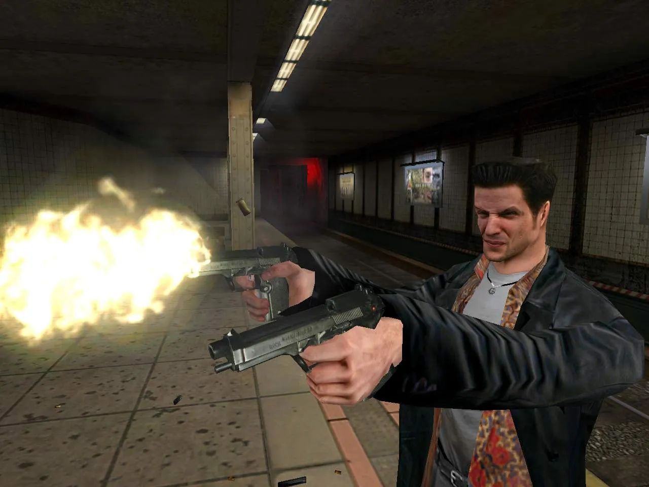 Max Payne — Max fires two pistols in a subway station, a muzzle flash in the foreground
