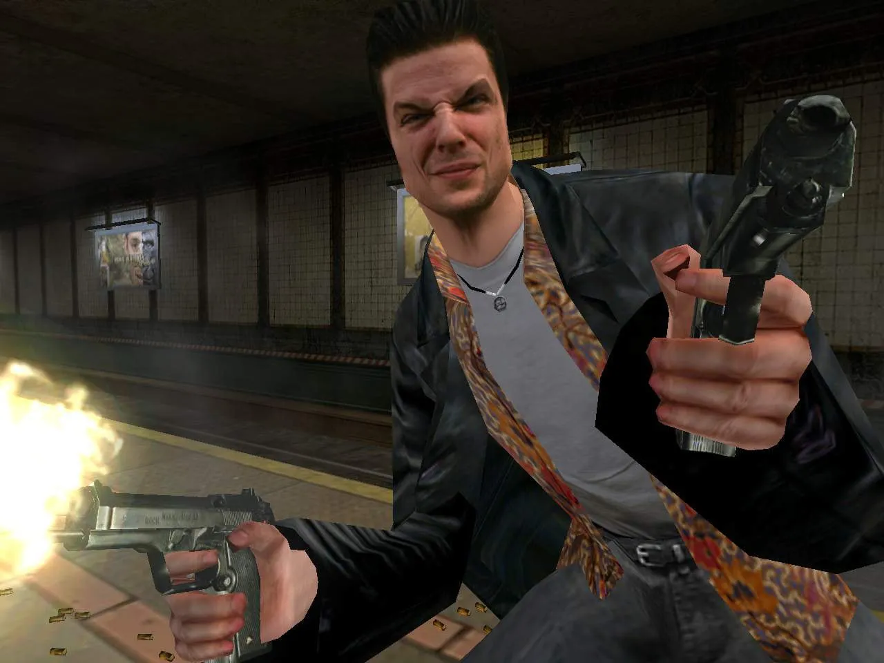 Max Payne — close-up of Max firing two pistols on a subway platform