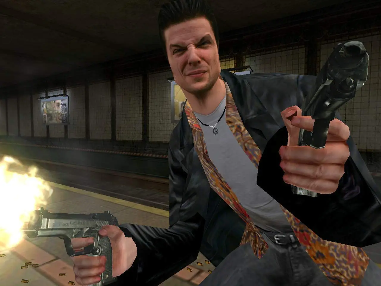 Max Payne — close-up of Max firing two pistols on a subway platform