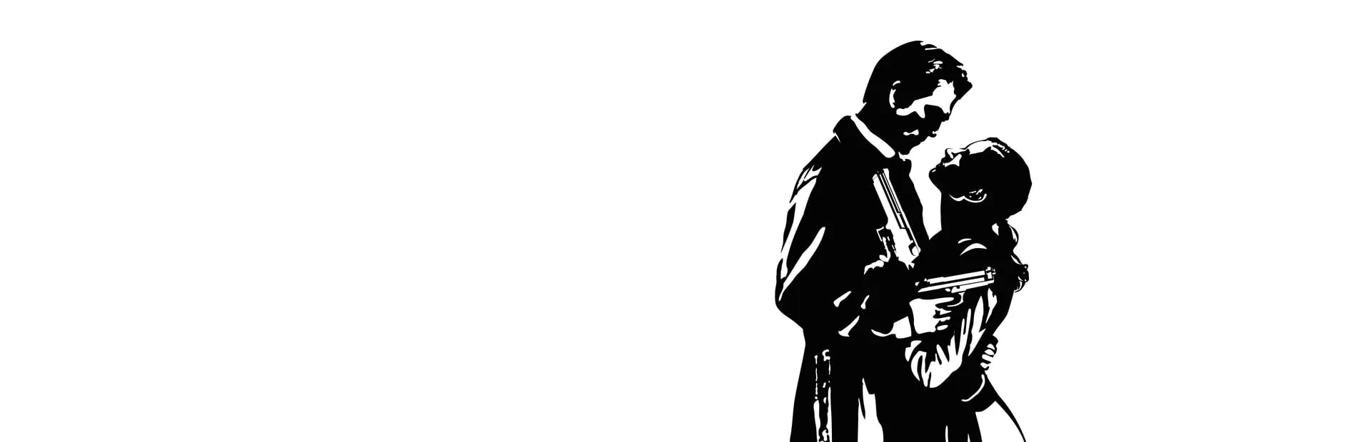 Max Payne 2: The Fall of Max Payne — key art: black silhouettes of Max and Mona Sax in an embrace, each holding a pistol, on white