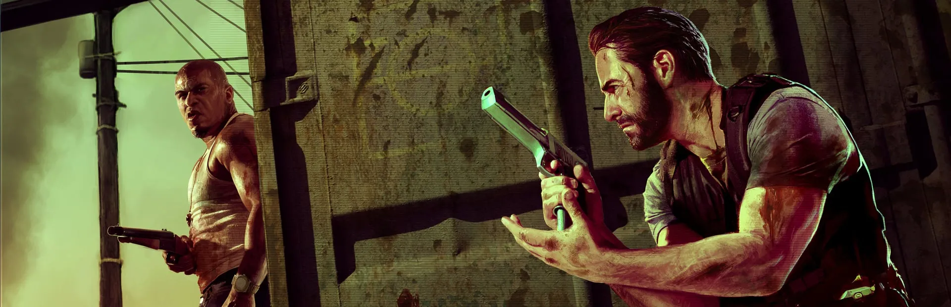 Max Payne 3 — key art: Max, bearded, crouches behind a rusted metal wall with a pistol; on the left a bald man in a tank top holds a shotgun under a utility pole in green haze