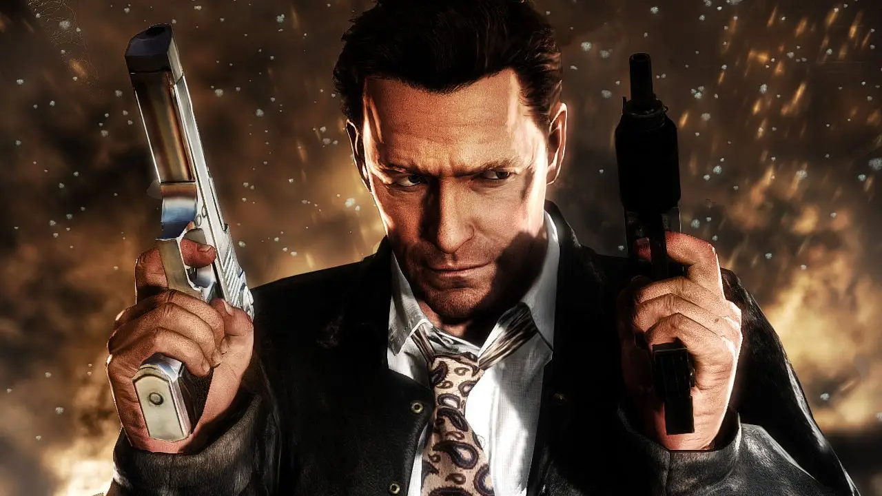 Max Payne 3 — Max in a suit holding two pistols, sparks falling around him
