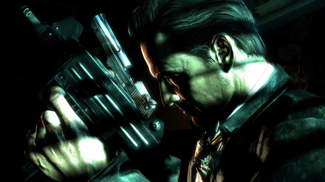 Max Payne 3 — Max in green light, a submachine gun raised beside his face