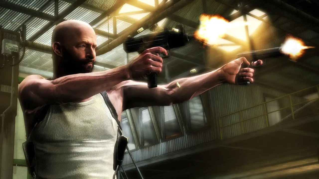 Max Payne 3 — Max in a white tank top firing two submachine guns in a warehouse