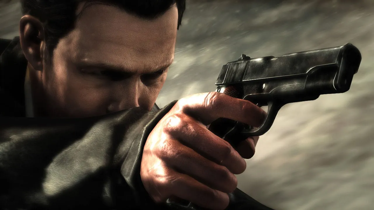 Max Payne 3 — close-up of Max aiming a pistol against a grey sky