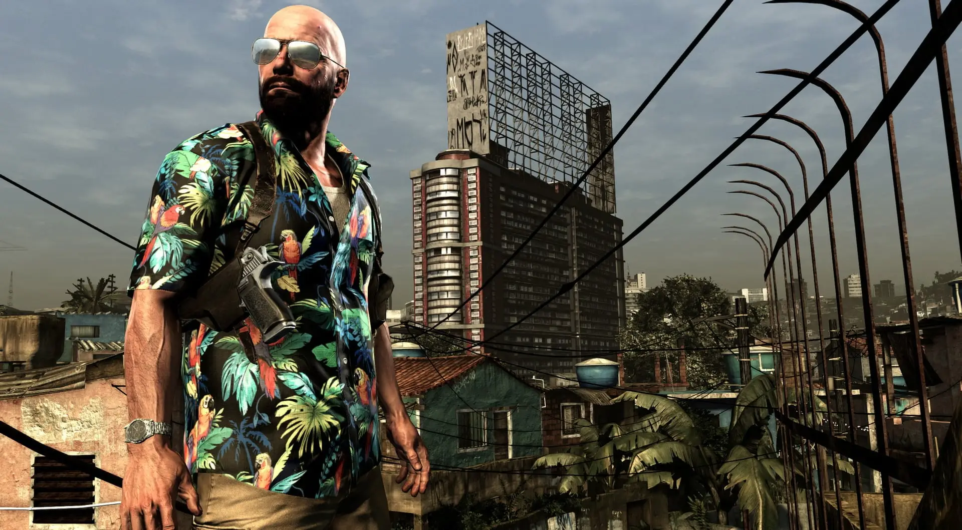 Max Payne 3 — Max, bald and bearded, in a tropical shirt above a São Paulo favela